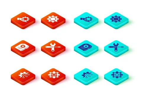 Set Algorithm, Processor, Document settings and pen, Screwdriver wrench spann Stock Illustration