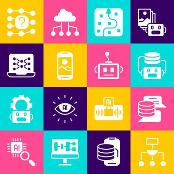 Set Algorithm, Server, Data, Artificial intelligence robot, Neural network 库存插图