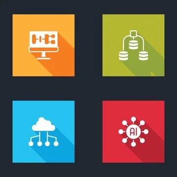 Set Algorithm, Server, Data, Network cloud connection and Neural network icon 스톡 일러스트