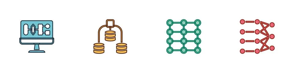 Set Algorithm, Server, Data, Neural network and  icon. Vector 스톡 일러스트