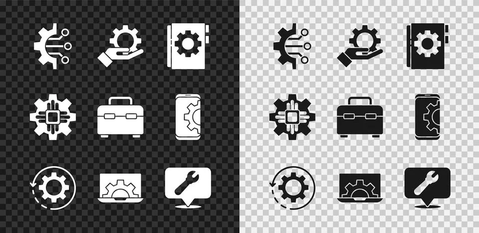 Set Algorithm, Settings in the hand, User manual, Gear arrows as workflow Stock Illustration