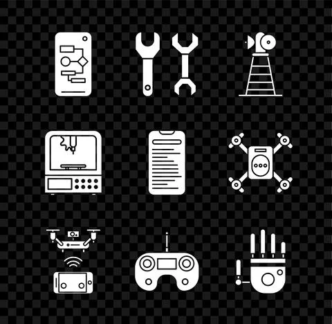 Set Algorithm, Spanner, Antenna, Remote aerial drone, control, Mechanical robot 库存插图