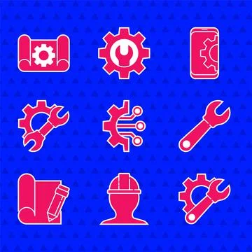 Set Algorithm, Worker safety helmet, Wrench spanner and gear, Graphing paper Stock Illustration