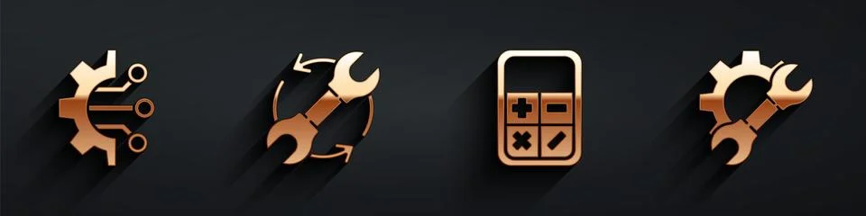 Set Algorithm, Wrench and arrows as workflow, Calculator and Wrench spanner and イラスト素材