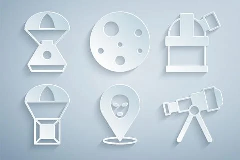 Set Alien, Astronomical observatory, Box flying parachute, Telescope, Planet 스톡 일러스트