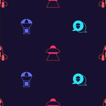 Set Alien, Box flying on parachute, UFO spaceship and Rocket on seamless pa.. Stock Illustration