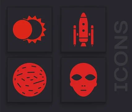 Set Alien, Eclipse of the sun, Space shuttle and rockets and Planet Venus icon 스톡 일러스트
