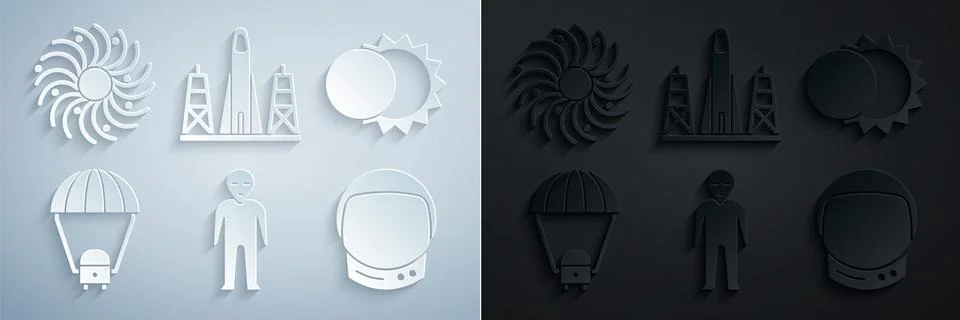 Set Alien, Eclipse of the sun, Space capsule and parachute, Astronaut helme.. 스톡 일러스트