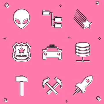 Set Alien, Folder tree, Falling star, Police badge, Taxi car and Server, Data Stock Illustration