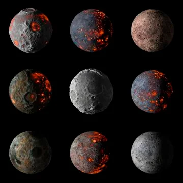 Set of Alien hot planets on black background 3d rendering. 스톡 일러스트