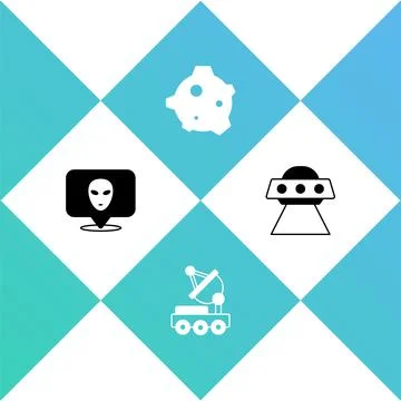 Set Alien, Mars rover, Asteroid and UFO flying spaceship icon. Vector Stock Illustration