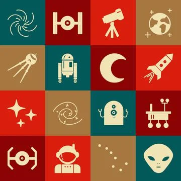 Set Alien, Mars rover, Rocket ship with fire, Telescope, Robot, Satellite, Black Stock Illustration