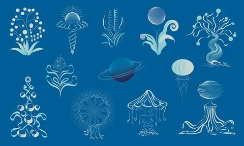 Set of alien plants. A linear, minimalist vector illustration Stock Illustration