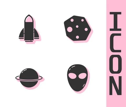 Set Alien, Rocket ship, Planet Saturn and Asteroid icon. Vector 스톡 일러스트