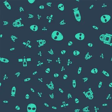 Set Alien, Rocket ship, Satellite and Robot on seamless pattern. Vector 스톡 일러스트