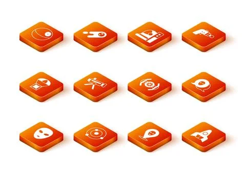 Set Alien, Solar system, Box flying on parachute, Telescope, Cosmic ship, Rocket 스톡 일러스트