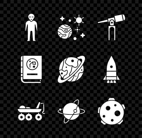 Set Alien, Space and planet, Telescope, Mars rover, Satellites orbiting the Stock Illustration