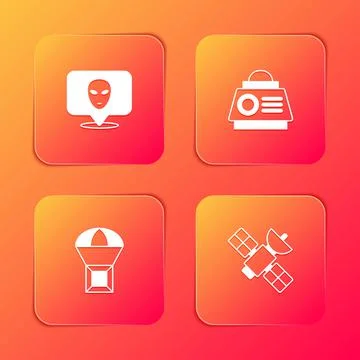 Set Alien, Space capsule, Box flying on parachute and Satellite icon. Vector 스톡 일러스트