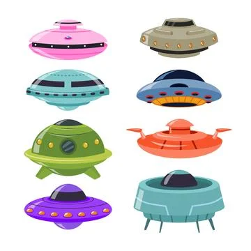 Set of Alien spaceship set collection cartoon style, extraterrestrial UFO, .. Stock Illustration