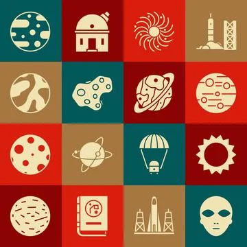 Set Alien, Sun, Planet Mars, Black hole, Asteroid,  and Saturn icon. Vector Stock Illustration