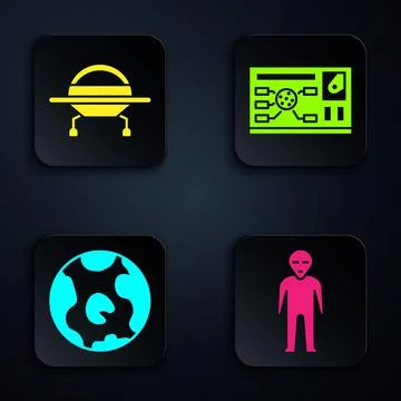 Set Alien, UFO flying spaceship, Earth globe and Futuristic hud interface. Black イラスト素材