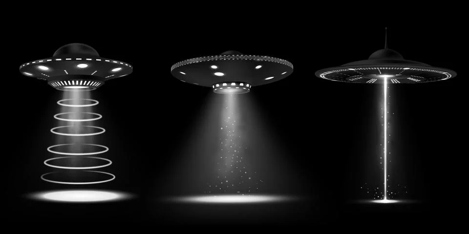 Set of alien UFO rays on isolated black background. Illustrazione stock