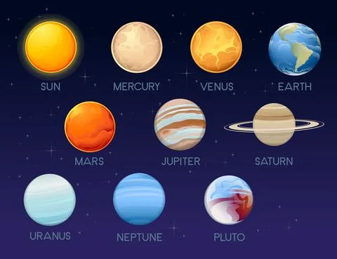 Set of all Solar System planets astronomy icons vector illustration on deep sky Stock Illustration