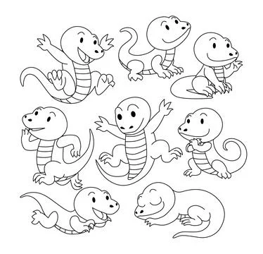 Set of alligator doodle collection, alligator outline coloring page book an.. Stock Illustration