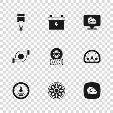 Set Alloy wheel for car, Speedometer, Racing helmet, Car tire, Engine pisto.. Stock Illustration