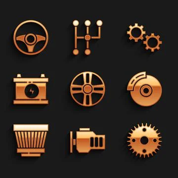 Set Alloy wheel, Check engine, Gear, Car brake disk with caliper, air filter Stock Illustration
