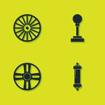 Set Alloy wheel, Shock absorber, and Gear shifter icon. Vector Illustration