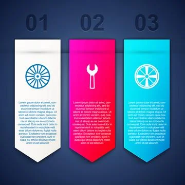 Set Alloy wheel, Wrench spanner and . Business infographic template. Vector Illustrazione stock