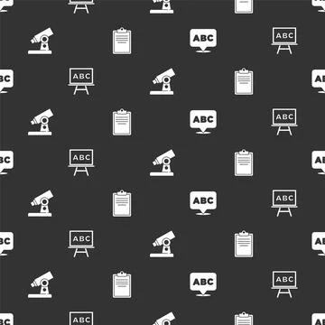 Set Alphabet, Chalkboard, Microscope and Clipboard with checklist on seamless Stock Illustration