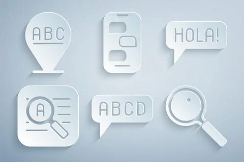 Set Alphabet, Hola in different languages, Translator, Magnifying glass, Ne.. Stock Illustration