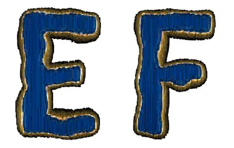 Set of alphabet letters E and F made of industrial metal blue color. Isolated Illustration