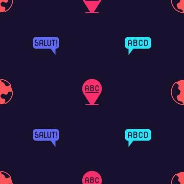 Set Alphabet, Salut in different languages, and Earth globe on seamless pattern Stock Illustration