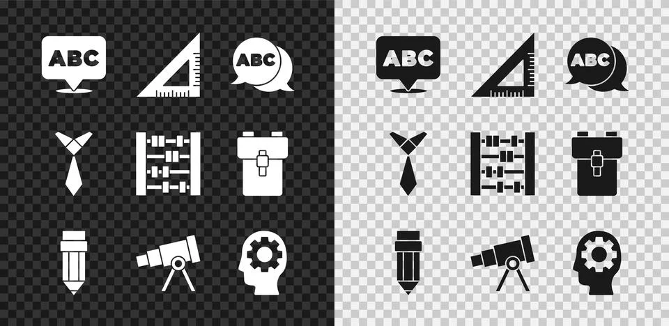 Set Alphabet, Triangular ruler, Pencil with eraser, Telescope, Head gear inside Stock Illustration