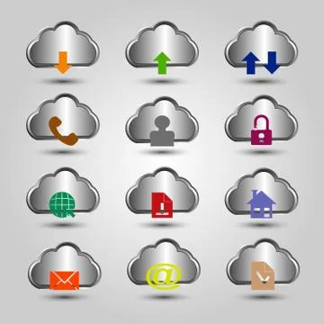 Set of aluminium cloud icon with dfferent symbol Stock Illustration