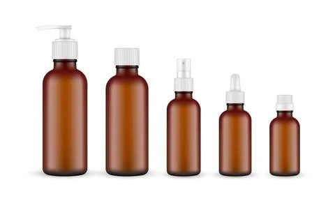 Set of Amber Bottles with Pump, Spray, Dropper for Cosmetic Products Stock Illustration