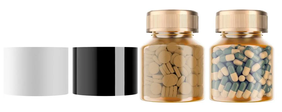 Set of amber jars with tablets, pills and capsules. Set of medical jars with Stock Illustration