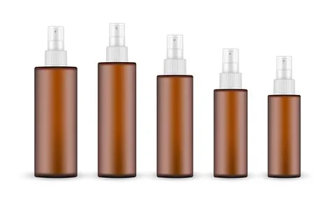 Set of Amber Spray Bottle Mockup With Transparent Cap Stock Illustration