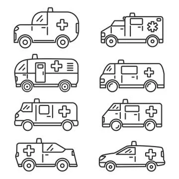 Set Ambulance car van icon.Flat outline vector illustration. Isolated on whit Stock Illustration