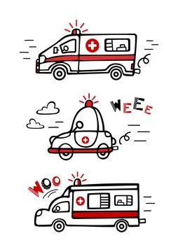 Set ambulance is in a hurry to help. Cute childrens illustration in Scandinavian Stock Illustration