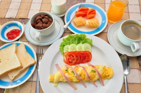 Set of american breakfast on table. Stock Photos