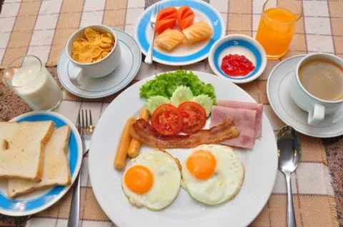 Set of american breakfast on table. Stock Photos
