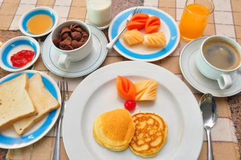 Set of american breakfast on table. Stock Photos