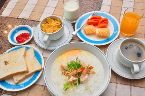 Set of american breakfast on table. Stock Photos