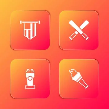 Set American flag, Crossed baseball bat, Stage stand or tribune and Torch f.. Stock Illustration
