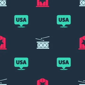 Set American flag, Drum and drum sticks and USA Independence day on seamless Stock Illustration