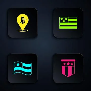 Set American flag, Eagle,  and . Black square button. Vector 스톡 일러스트